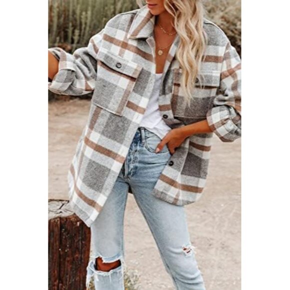 Women's Flannel Shacket Button Down Plaid Long Sleeve Jacket Casual Cozy - Picture 3 of 4